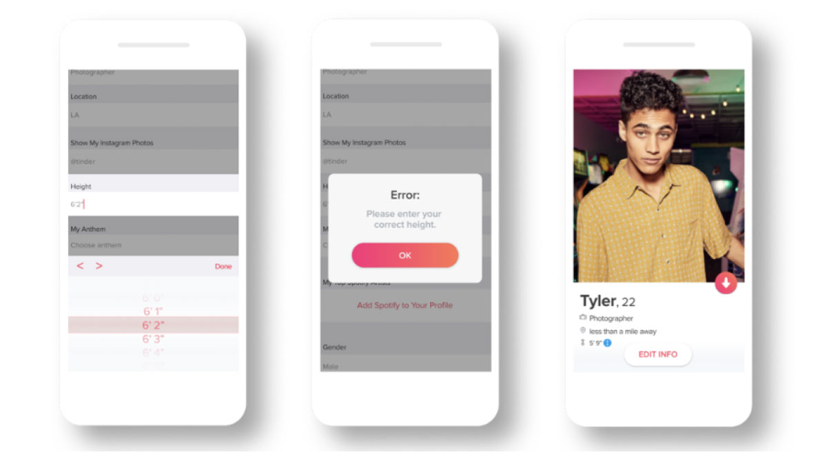 Three phone screens showing Tinder's height verification prank.