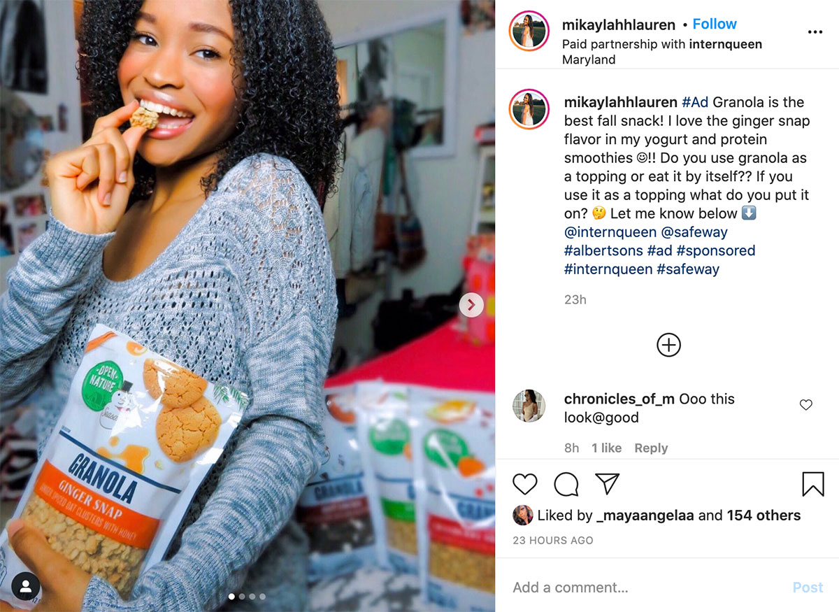 A screenshot from Instagram. It shoes social media influencer @mikaylahhlauren eating granola. In her text she uses the hashtag #ad