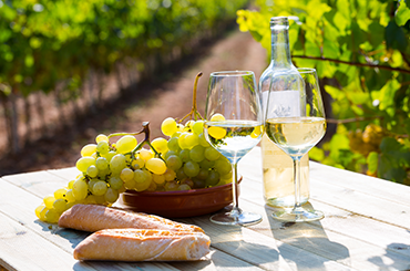 White wines and grapes on table in vineyard