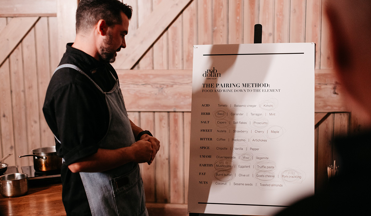 Chef Tyson Bertoncello looking at the ingredients board with the selections circled 