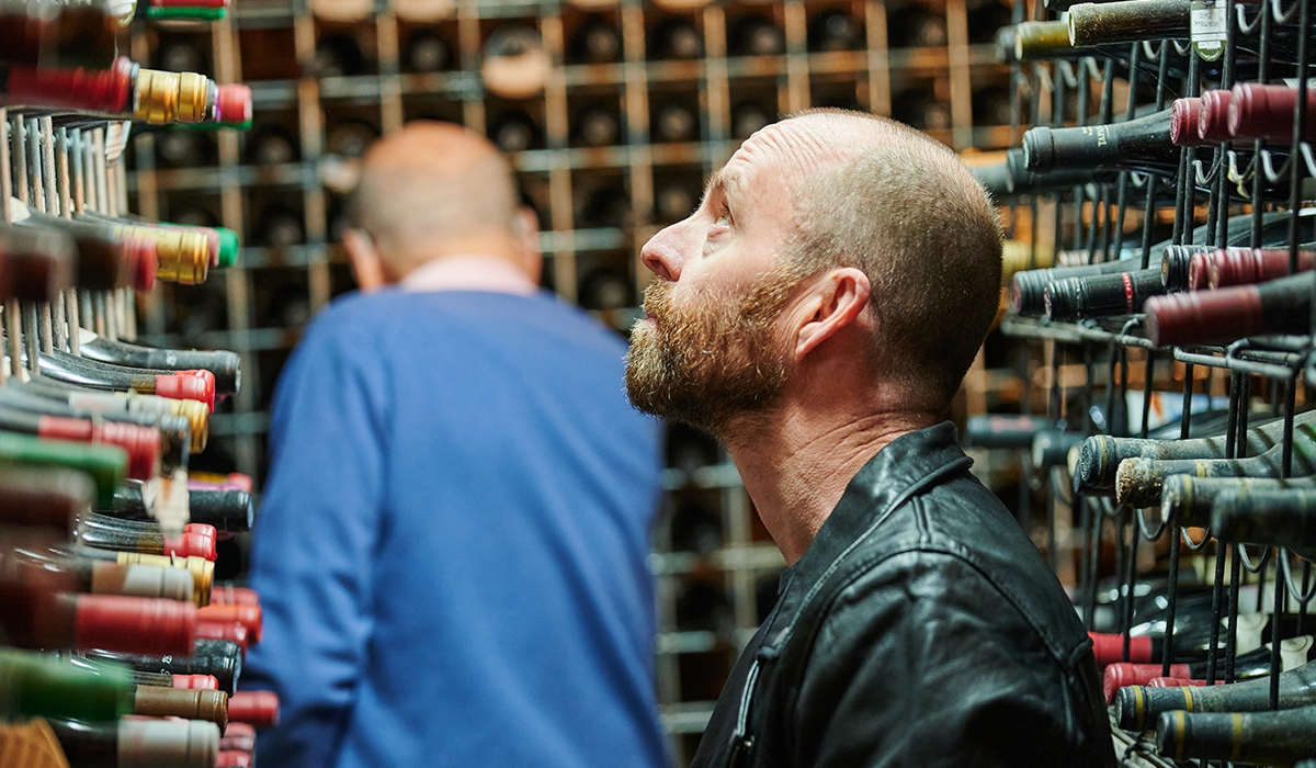 Campbell Mattinson selecting wines in James Halliday's cellar, James is in the background