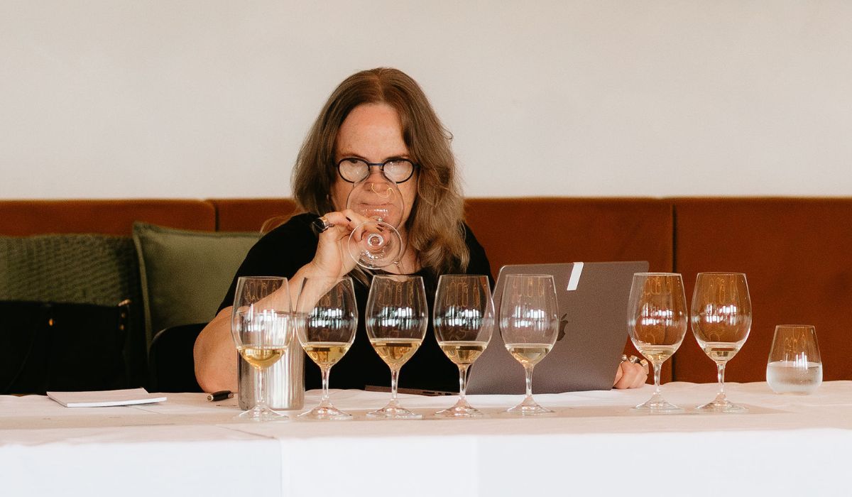 Jane Faulkner tasting wine