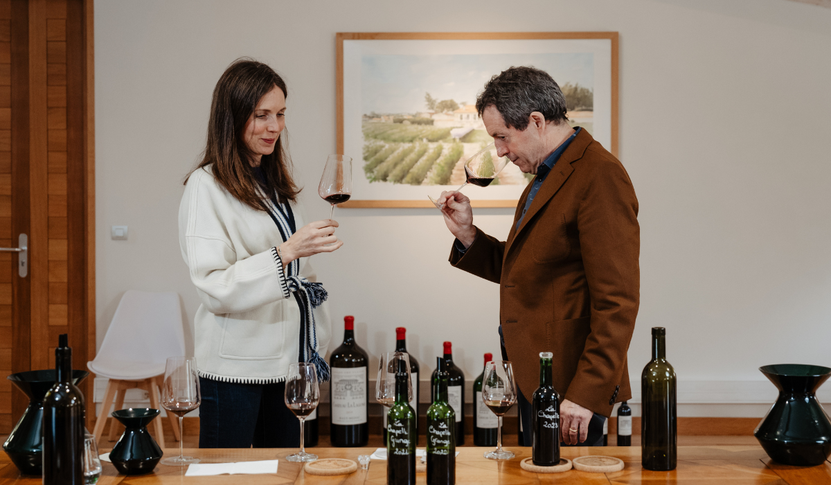 Caroline Frey and Peter Gago tasting wine