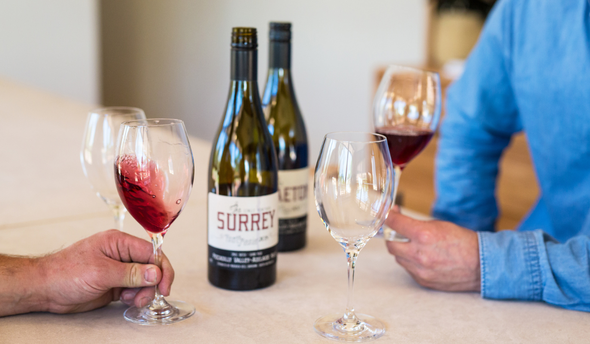 Wine bottles and glasses with red wine 