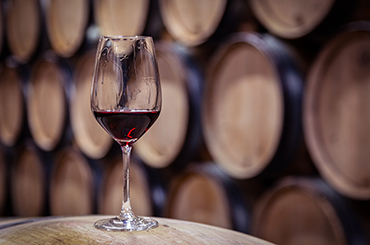 A glass of aged red wine in a barrel room