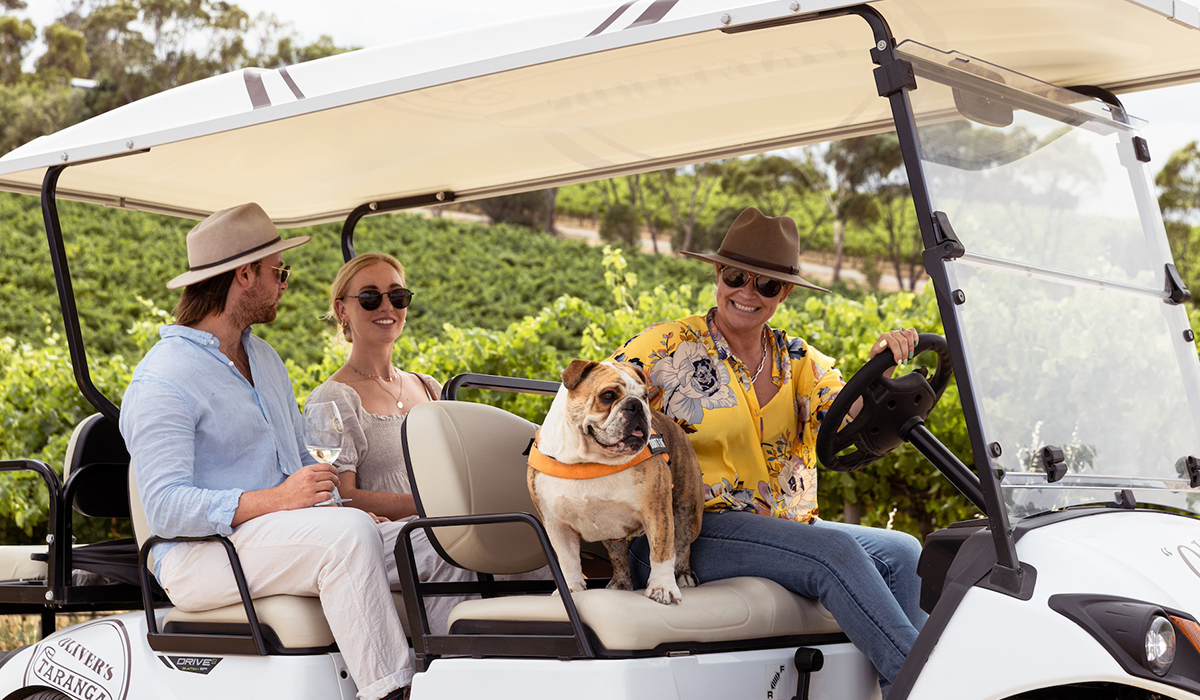 People and dog in golf buggy