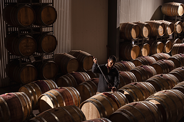 O'Leary Walker winemaker at the barrels 