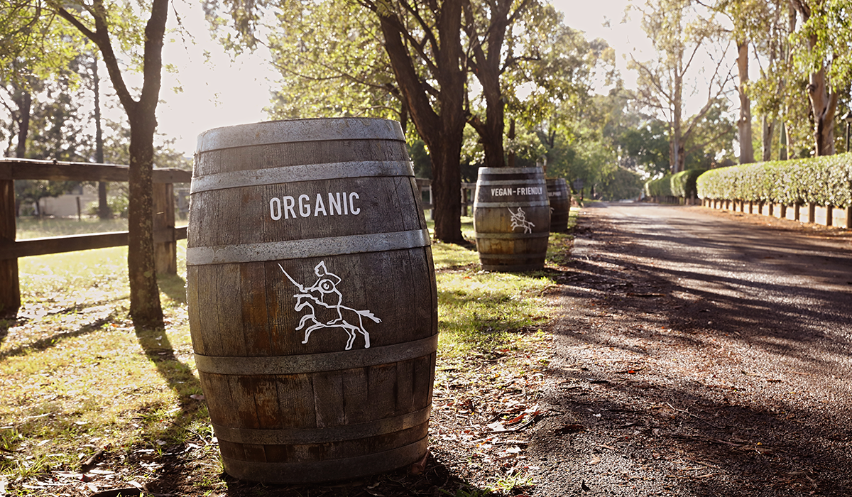 Wine barrel with the word organic painted on it