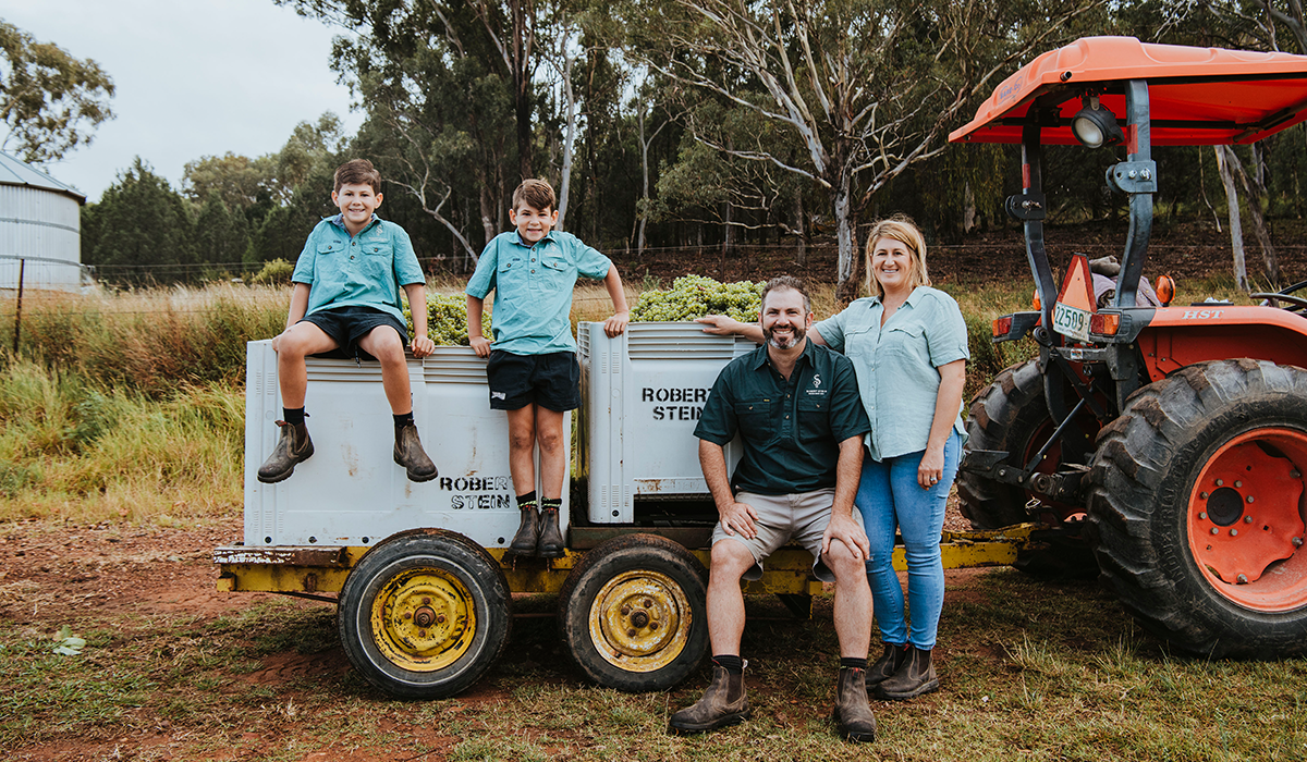 Family on tractor in vineyard