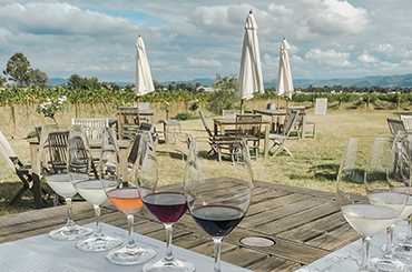 Wines on table with mountains in background
