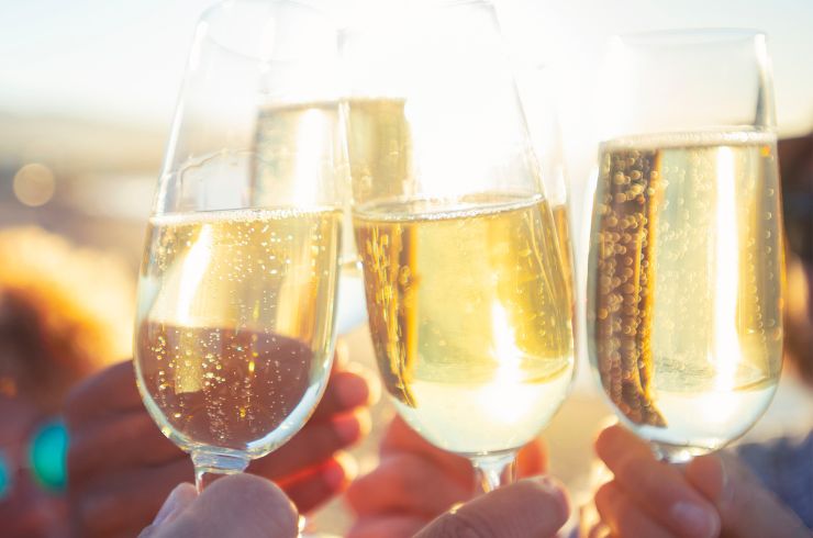 Group of friends clinking Champagne glasses on a beach at sunset