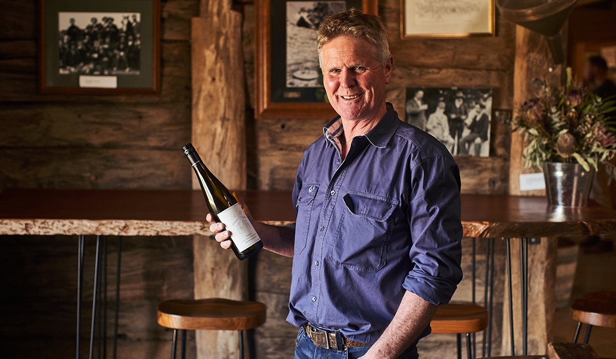 Winemaker Ben holding the Best’s Wines Foudre Ferment Riesling 2021