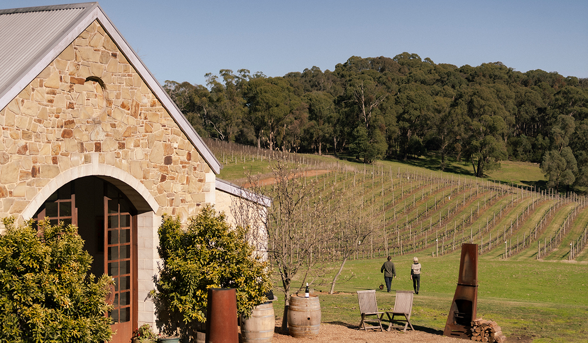 Eleana Anderson and Jo Marsh walking toward the vineyard