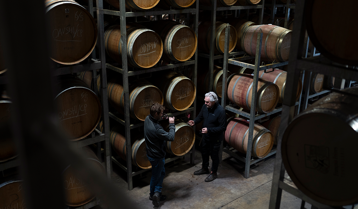 Oakridge winemakers in the barrel room tasting wine