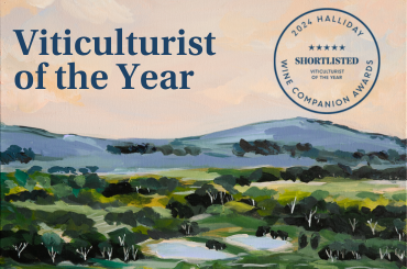 Viticulturist of the Year shortlist image on top of painted vineyard background