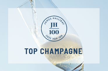 Close up of a glass of champagne, the glass is tilted, "Top Champagne" written across the image.