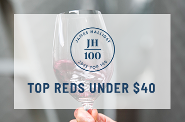 Close up of a red wine in a glass being swirled. "Top Reds Under 40” written across the image.