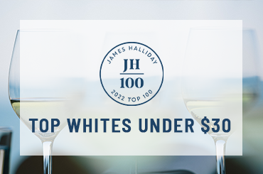 Close up of a white wine in a glass being swirled. "Top Whites Under 30” written across the image.