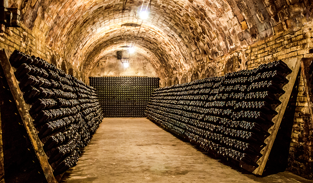 Champagne racked in an underground cellar