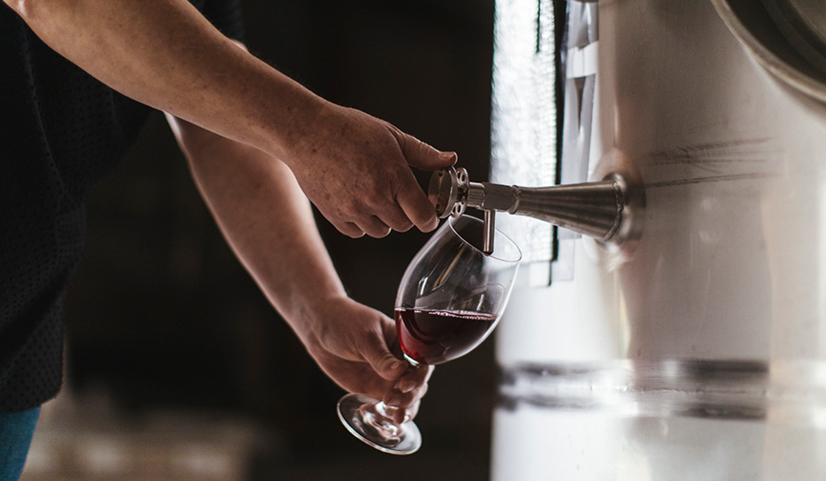 Pinot  noir being drained from a barrel into a glass.