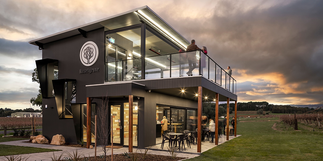 The view from the front of the Haselgrove cellar door at dusk.