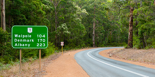 Walpole Denmark Albany road sign in Great Southern